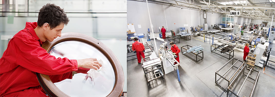 Zdjęcia pracowników na hali produkcyjnej, producenta okien Vetrex