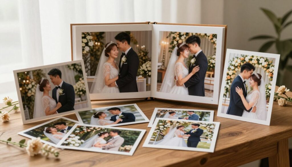 A beautifully arranged portfolio layout showcasing stunning wedding photography. In the foreground, there are elegant printed photographs displayed on a wooden table with delicate floral accents, capturing moments of laughter, tears, and romantic dances from various weddings. In the middle ground, there is an open album featuring professionally edited images highlighting the couple's joyful expressions and intricate details of wedding decor. The background features soft, natural lighting filtering through sheer curtains, creating a warm and inviting atmosphere. The overall mood is serene and celebratory, emphasizing the artistry and emotion within wedding photography.