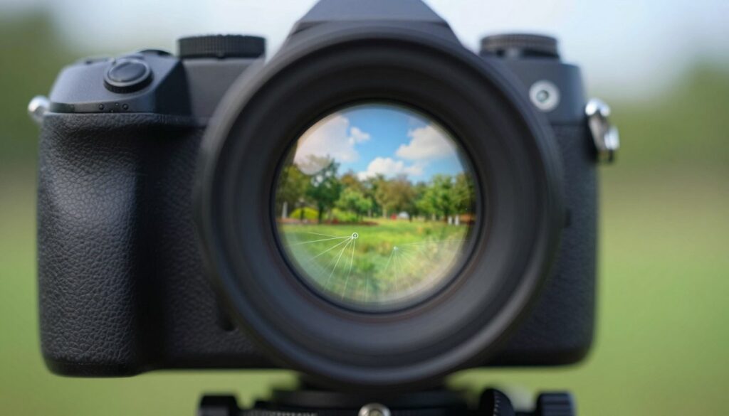 A beautifully crafted camera obscura, situated prominently in the foreground, with its circular aperture revealing an inverted image of a vibrant outdoor scene filled with lush greenery and bright blue skies. Soft, diffused light streams through the lens, casting an ethereal glow around the edges of the opening. The middle ground features subtle details of the camera’s inner workings, such as mirrors and light paths, depicted with precision to illustrate the principles of light projection. The background should be a serene, blurred representation of a natural landscape, enhancing the connection to the outdoors. The overall atmosphere is tranquil and contemplative, evoking a sense of wonder about the relationship between light and image creation.