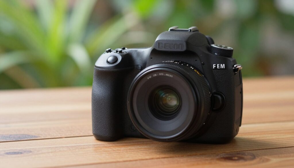 A beginner-friendly digital SLR camera placed on a wooden table, highlighting its features such as the lens, buttons, and display screen. The foreground shows the camera angled slightly to the left, with a soft focus on the details. In the middle background, a blurred outdoor scene reveals vibrant greenery, suggesting an inviting atmosphere for photography. The lighting is warm and natural, casting gentle shadows that enhance the camera's details. The mood is inspiring and encouraging, epitomizing exploration and creativity. The image captures the essence of starting a photography journey, appealing to new photographers seeking the best value options for their first DSLR.