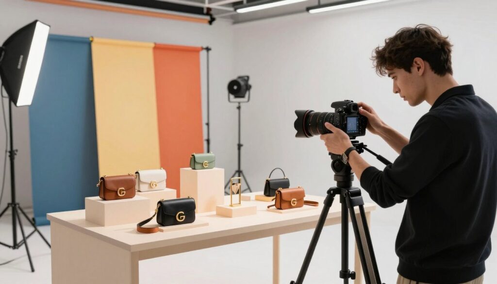 A bright and dynamic studio setting showcasing an advertising photography scene. In the foreground, a professional photographer, dressed in smart casual attire, is adjusting a camera mounted on a tripod, capturing a product display featuring stylish, high-end accessories. The middle ground includes a well-lit table with various products artfully arranged, bathed in soft, diffused lighting that highlights their features while creating subtle shadows. In the background, an array of colorful backdrops and lighting equipment suggests a professional setup. The atmosphere is lively and creative, conveying the essence of advertising photography. The composition should be balanced, with an emphasis on clarity and professionalism, ensuring no distracting elements appear. Suitable for a business-focused article on advertising photography. A bright and dynamic studio setting showcasing an advertising photography scene. In the foreground, a professional photographer, dressed in smart casual attire, is adjusting a camera mounted on a tripod, capturing a product display featuring stylish, high-end accessories. The middle ground includes a well-lit table with various products artfully arranged, bathed in soft, diffused lighting that highlights their features while creating subtle shadows. In the background, an array of colorful backdrops and lighting equipment suggests a professional setup. The atmosphere is lively and creative, conveying the essence of advertising photography. The composition should be balanced, with an emphasis on clarity and professionalism, ensuring no distracting elements appear. Suitable for a business-focused article on advertising photography.