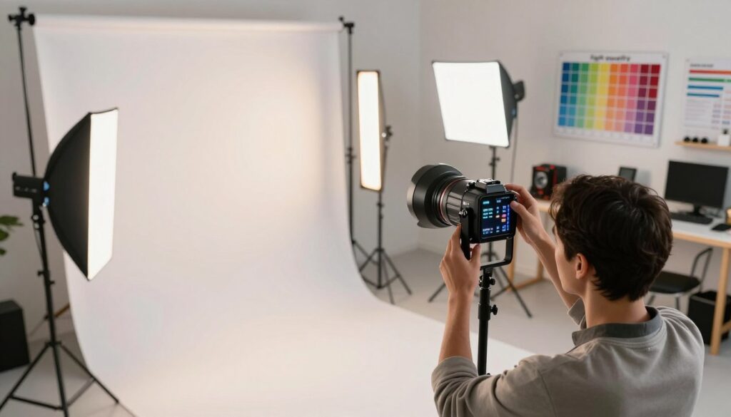 A captivating studio setup showcasing the concept of "light quality" in photography. In the foreground, a professional photographer is adjusting an LED lamp, dressed in smart casual attire, with a focus on the lamp's adjustable CRI and TLCI settings. The middle ground features various LED lights with different color temperatures emitting soft, diffused light onto a photography backdrop. In the background, a well-organized workspace displays colorful charts and equipment, emphasizing the importance of consistency and flicker-free performance in lighting. The atmosphere is bright and inviting, illustrating the intricacies of light quality while maintaining a clear and professional aesthetic. The angle is slightly elevated, providing a comprehensive view of the setup, emphasizing the interplay of light and shadows.