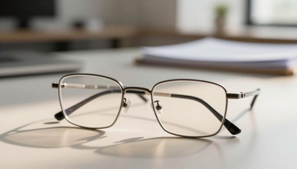 A close-up image of a pair of stylish eyeglasses resting on a clean, neutral surface, capturing reflections of soft ambient lighting. In the foreground, the eyeglasses feature a sleek, modern design with thin metal frames. The middle ground includes a gently blurred backdrop of a professional setting, suggesting an office or studio environment, with soft-focus elements like a blurred desk or files, creating context. The lighting is warm and inviting, enhancing the sophistication of the eyeglasses, with natural light streaming in from the side, casting gentle shadows that add depth. The overall mood is professional and polished, suitable for highlighting the importance of eyewear in identification photos. No text or additional elements should distract from the eyeglasses.