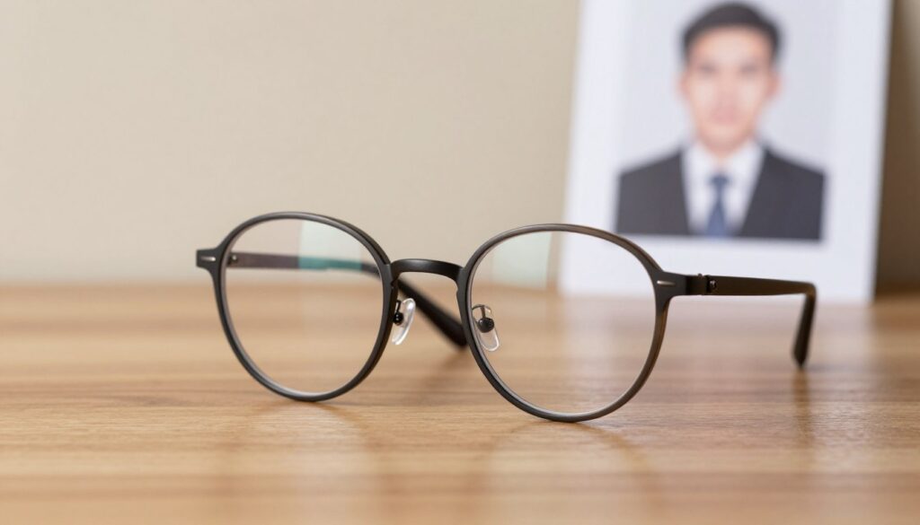 A close-up of a pair of stylish, round eyeglasses resting on a wooden table, with a soft-focus background featuring a neutral-toned wall. The glasses should be well-lit, casting subtle reflections that highlight their design details, emphasizing both modern and classic elements. In the background, a blurred image of a professional portrait, such as a person wearing formal business attire, can be faintly seen, reinforcing the theme of appropriate attire for official photographs. The lighting is soft and warm, creating a welcoming atmosphere, while the overall composition evokes a sense of professionalism and clarity, perfect for illustrating the topic of proper eyewear in passport and ID photos. A close-up of a pair of stylish, round eyeglasses resting on a wooden table, with a soft-focus background featuring a neutral-toned wall. The glasses should be well-lit, casting subtle reflections that highlight their design details, emphasizing both modern and classic elements. In the background, a blurred image of a professional portrait, such as a person wearing formal business attire, can be faintly seen, reinforcing the theme of appropriate attire for official photographs. The lighting is soft and warm, creating a welcoming atmosphere, while the overall composition evokes a sense of professionalism and clarity, perfect for illustrating the topic of proper eyewear in passport and ID photos.