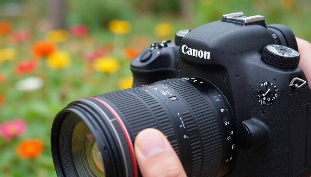 A close-up shot of a Canon DSLR camera, showcasing its focus settings, with the lens prominently displayed in sharp detail. In the foreground, a hand adjusts the focus dial on the lens, emphasizing the concept of precision and clarity. The middle layer depicts a blurred background of a vibrant nature scene, filled with colorful flowers and green foliage, illustrating the importance of depth of field. Soft, natural lighting filters through the leaves, creating an inviting atmosphere. The camera is slightly angled to showcase its features, with a shallow depth of field effect that draws attention to the intricate details of the camera itself, conveying a sense of professionalism and expertise in photography settings. The mood is calm and focused, encouraging engagement with the subject of autofocus settings.