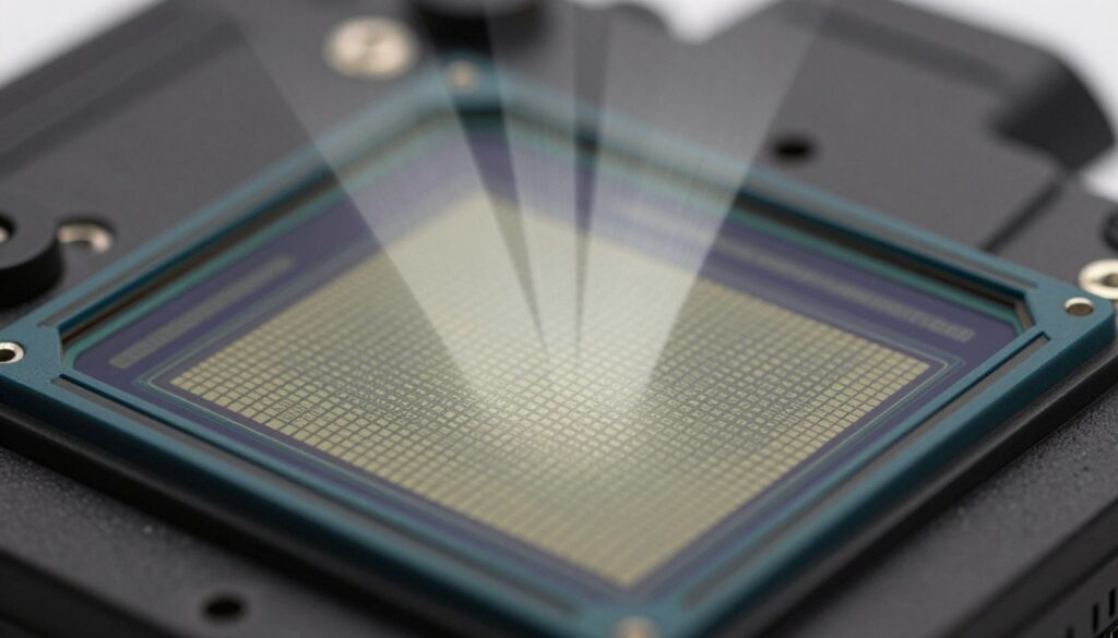 A close-up view of a digital camera sensor (matryca), depicted in high detail. The foreground features the sensor with intricate patterns of light-sensitive pixels, glistening faintly as they capture ambient light. In the middle ground, there is a soft focus on light rays entering the camera from various angles, illustrating the journey of photons. The background is a blurred representation of a camera body, emphasizing the sensor's technology. The lighting is bright, simulating a studio environment, highlighting the sensor's texture. The atmosphere is technical yet inspiring, conveying the complexity of transforming light into a digital image, ideal for an educational context. No text or watermarks present.