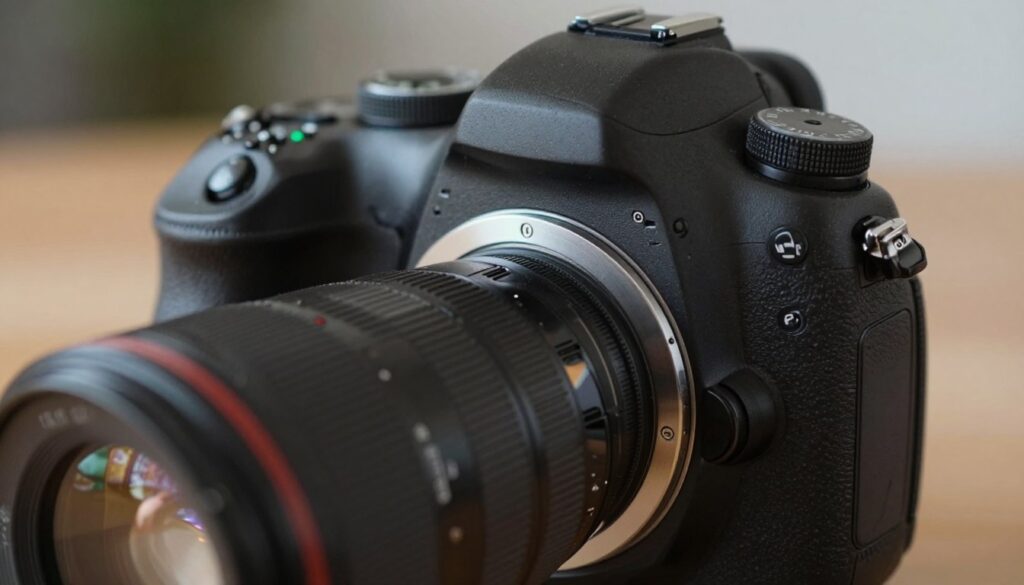 A close-up view of a digital single-lens reflex (DSLR) camera, emphasizing its intricate internal components. In the foreground, highlight the camera's mirror mechanism with detailed reflections and focus on the interplay of light as it bounces off the lens. The middle ground features the camera body, showcasing buttons, dials, and a clear view of the lens assembly. Soft, directional lighting creates shadows that accentuate the textures of the camera. The background is blurred with soft bokeh, suggesting an artistic, professional environment, hinting at photography. The overall mood is technical yet inviting, inspiring curiosity about the mechanics of photography. The composition should be sleek and modern, perfect for an informative visual representation.