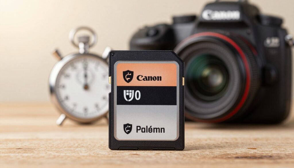 A close-up view of a high-quality memory card designed for professional cameras, prominently displayed in the foreground. The memory card should have intricate details like brand logos and information on its durability specifications. In the middle ground, incorporate elements representing reliability, such as a stopwatch and a shield symbol, subtly intertwined to suggest robustness and speed. The background features a soft-focus image of a Canon camera, hinting at the professional context, surrounded by a warm, inviting light that gives a sense of trust and dependability. The atmosphere is professional and reassuring, emphasizing the importance of reliability in choice of memory cards for photography.