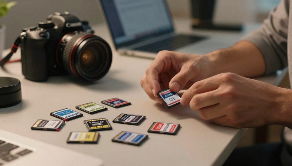 A close-up view of various types of memory cards specifically designed for Canon cameras. The foreground features a selection of SD, SDHC, SDXC, CF, and CFexpress cards displayed on a sleek, modern table, highlighting their different sizes and shapes. In the middle ground, a professional photographer's hands are gently sorting through the cards, wearing modest casual attire. The background softly blurs out a workstation equipped with a Canon camera and a laptop, creating a sense of a practical photography setup. The lighting is warm and inviting, with a subtle glow that emphasizes the details of the cards. The atmosphere conveys a sense of professionalism and creativity, ideal for a photography enthusiast exploring memory card options.