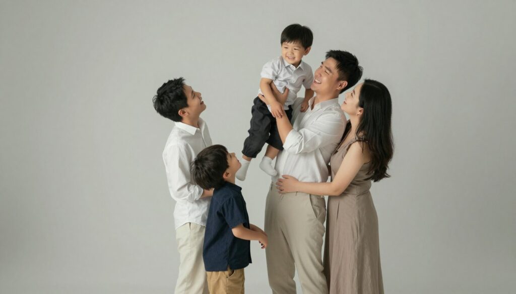 A cozy family photo session taking place in a professional studio setting, showcasing a family of four: a father, mother, and two children dressed in smart casual attire. The father is playfully lifting one child while the mother hugs the other, all smiling joyfully. Soft, diffused lighting enhances the warm atmosphere, creating gentle shadows that add depth to the scene. The background is a subtly textured light grey, emphasizing the family without distractions. A wide-angle lens captures the entire family in close proximity, focusing on their expressions and interactions. The mood is cheerful and intimate, perfect for illustrating the concept of family photography locations, including studio, outdoor, and home environments.
