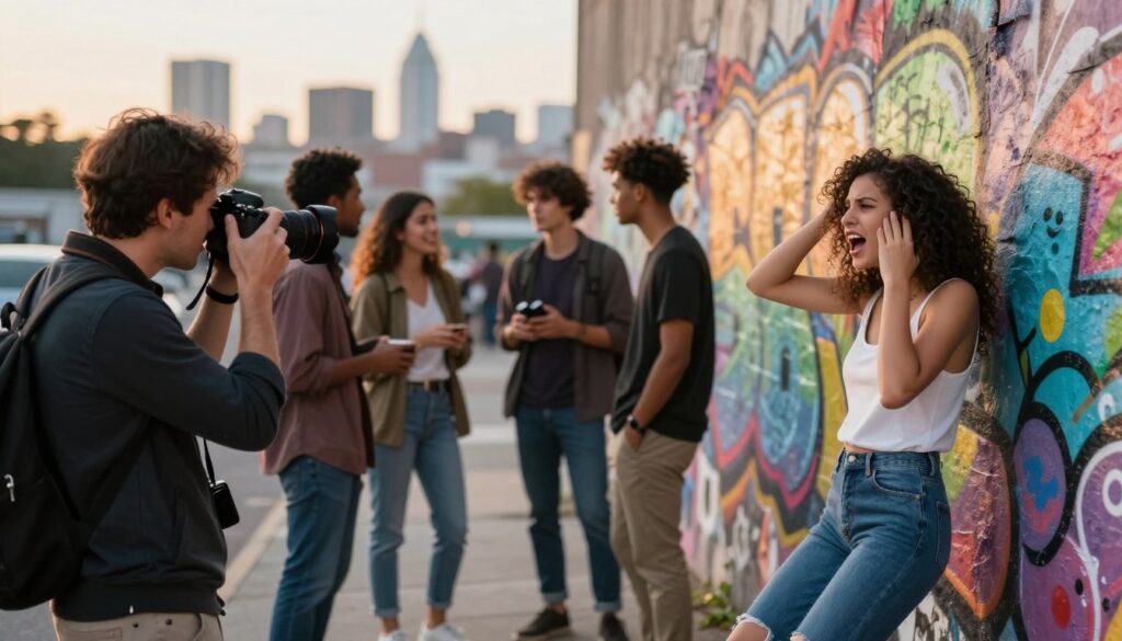 A creative photography scene set in a vibrant urban environment. In the foreground, a professional photographer in smart casual attire captures an expressive model posing dramatically against a colorful graffiti wall, conveying strong emotions. The middle ground features a diverse group of friends engaged in animated conversation, highlighting the storytelling aspect of photography. In the background, a softly blurred city skyline with warm, golden hour lighting enhances the atmosphere. Use a shallow depth of field to focus on the subjects, creating a sense of intimacy and engagement. The overall mood is dynamic and lively, showcasing the appeal of creative photography through emotions, narratives, and unique personal styles. A creative photography scene set in a vibrant urban environment. In the foreground, a professional photographer in smart casual attire captures an expressive model posing dramatically against a colorful graffiti wall, conveying strong emotions. The middle ground features a diverse group of friends engaged in animated conversation, highlighting the storytelling aspect of photography. In the background, a softly blurred city skyline with warm, golden hour lighting enhances the atmosphere. Use a shallow depth of field to focus on the subjects, creating a sense of intimacy and engagement. The overall mood is dynamic and lively, showcasing the appeal of creative photography through emotions, narratives, and unique personal styles.