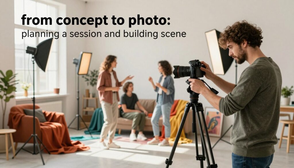 A creative photography setup illustrating the concept of "from concept to photo: planning a session and building a scene." In the foreground, a professional photographer adjusts a camera on a tripod, wearing smart casual attire. The middle ground features two models engaged in a lively discussion, surrounded by various props and lighting equipment. The background is a beautifully arranged scene, with soft, diffused natural light streaming through large windows, casting gentle shadows. A mix of colorful fabrics and artistic elements showcases an inviting atmosphere that embodies creativity. The composition emphasizes the careful planning and artistic direction involved in photography, inviting viewers to appreciate the intricacies of staging a successful session. The overall mood is inspiring and lively, reflecting the excitement of the creative process. A creative photography setup illustrating the concept of "from concept to photo: planning a session and building a scene." In the foreground, a professional photographer adjusts a camera on a tripod, wearing smart casual attire. The middle ground features two models engaged in a lively discussion, surrounded by various props and lighting equipment. The background is a beautifully arranged scene, with soft, diffused natural light streaming through large windows, casting gentle shadows. A mix of colorful fabrics and artistic elements showcases an inviting atmosphere that embodies creativity. The composition emphasizes the careful planning and artistic direction involved in photography, inviting viewers to appreciate the intricacies of staging a successful session. The overall mood is inspiring and lively, reflecting the excitement of the creative process.
