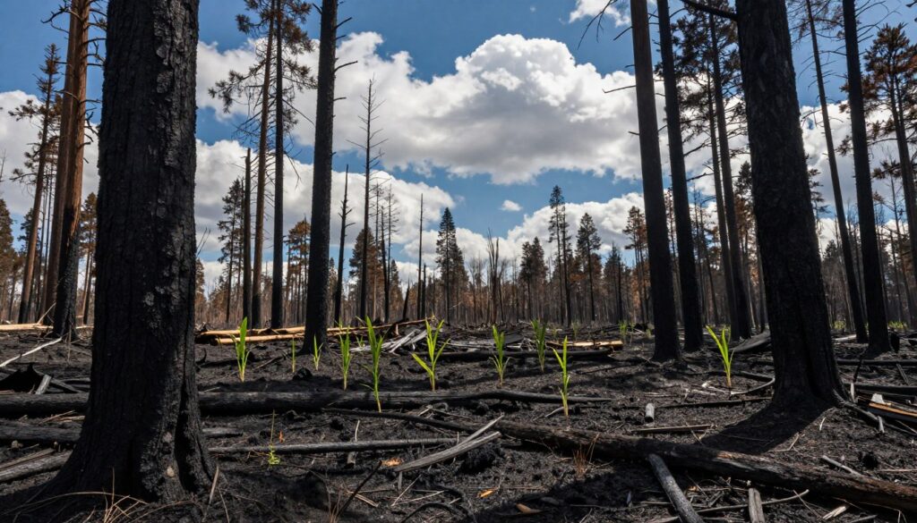 A desolate forest landscape scarred by a recent wildfire, showcasing charred tree trunks and blackened earth in the foreground. In the middle ground, sprouting green shoots struggle for survival, symbolizing resilience among the devastation. The background features a stark blue sky dotted with fluffy white clouds, casting a stark contrast with the burnt scenery below. Soft sunlight filters through the remnants of the canopy, creating dramatic patterns of light and shadow. The atmosphere is somber yet hopeful, evoking a sense of reflection on ecological consequences. The image should have high definition with a depth of field that highlights the details of the scorched bark and new growth. Capture the mood of recovery amidst destruction, illustrating the harsh reality and beauty of nature’s resilience.