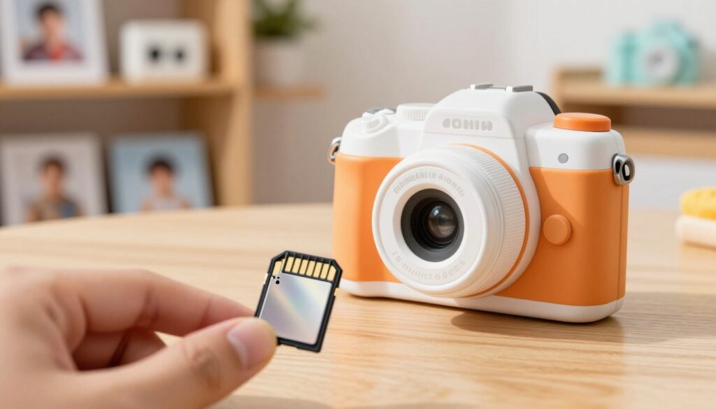 A detailed close-up of a microSD card being inserted into a camera, positioned in the foreground. The card is sleek and modern, with a reflective surface catching soft, natural light. In the middle ground, a child’s camera rests on a wooden table, showcasing its simple design, vibrant colors, and user-friendly features, evoking a sense of joy and curiosity. The background softly fades into blurred shelves filled with photo albums and small memory storage solutions, creating a warm and inviting atmosphere. The overall mood is playful yet informative, emphasizing the importance of memory and storage in photography for children. The lighting is bright and airy, highlighting the objects with a gentle glow.