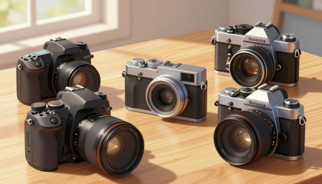A detailed illustration showcasing various types of cameras, including a DSLR, mirrorless, and vintage film camera, arranged artistically on a wooden table. In the foreground, focus on the intricate components of the DSLR, demonstrating its lens and control settings. The middle ground features the mirrorless camera with its compact design, showcasing the electronic display and minimal buttons. In the background, a classic film camera adds a nostalgic touch, highlighting its mechanical features. Soft, natural lighting streams in from a window, casting gentle shadows and creating a warm atmosphere. The overall mood should evoke curiosity and appreciation for the craftsmanship of photography equipment, without any text or overlays present in the image.