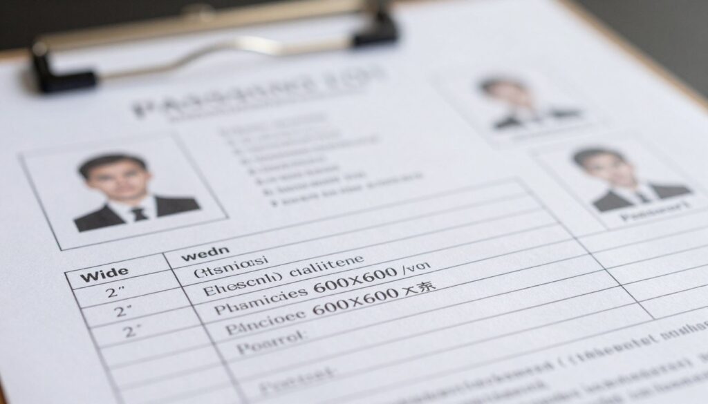 A detailed layout of a passport photo specification chart, presented aesthetically for clarity and focus. The foreground features a clean, structured table displaying dimensions: width of 2 inches and height of 2 inches, alongside required file parameters like image resolution of 600x600 pixels. In the middle ground, soft, diffused lighting enhances the chart, creating contrast with a neutral background that keeps the viewer's attention on the specifications. Include subtle graphical elements, such as icons representing standard passport photo requirements. A professional, informative atmosphere is conveyed, suitable for an educational article. The image should be devoid of any text, logos, or distractions.