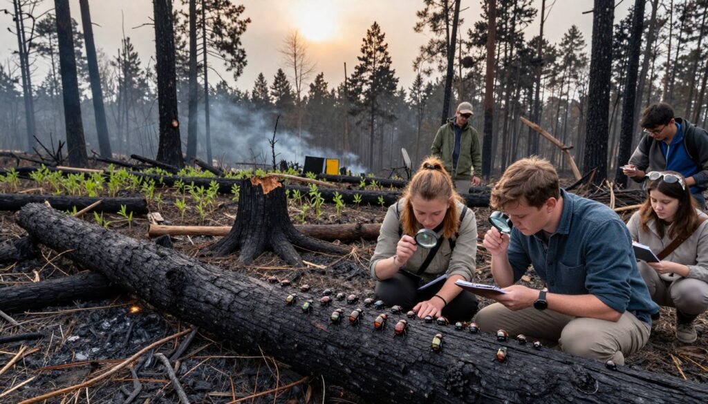A forest scene in Białowieża National Park, showcasing the aftermath of a wildfire with charred tree trunks and scattered ash. In the foreground, a handful of researchers in modest casual clothing examine beetles resting on a blackened log, using magnifying glasses and notebooks. The middle ground features burnt tree stumps and green sprouts, symbolizing resilience amidst destruction. The background reveals a smoky sky with hints of sunlight breaking through, creating a somber yet hopeful atmosphere. The lighting is soft and diffused, evoking a sense of serenity in the midst of ecological recovery. Capture the intricate details of the beetles, emphasizing their textures and colors against the dark wood, and aim for a slightly elevated angle to encompass the broader landscape.