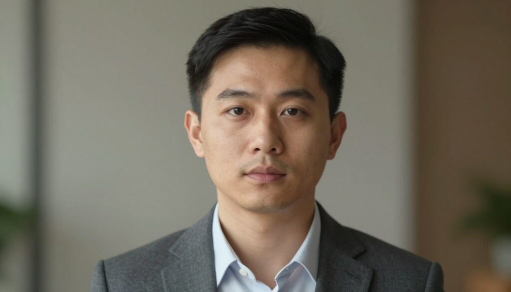 A front-facing portrait of a person with a neutral facial expression, showcasing a balanced face with a relaxed posture. The subject is wearing a smart, professional outfit, such as a tailored blazer and collared shirt. The background is softly blurred to emphasize the individual, featuring subtle neutral tones. Soft, even lighting illuminates the face, casting minimal shadows for a clear view. The camera angle is at eye level, highlighting the symmetry of the face, capturing a sense of calm professionalism. The overall mood should convey seriousness and approachability, suitable for a document photograph. No text or distractions are present, ensuring the focus remains solely on the facial expression. A front-facing portrait of a person with a neutral facial expression, showcasing a balanced face with a relaxed posture. The subject is wearing a smart, professional outfit, such as a tailored blazer and collared shirt. The background is softly blurred to emphasize the individual, featuring subtle neutral tones. Soft, even lighting illuminates the face, casting minimal shadows for a clear view. The camera angle is at eye level, highlighting the symmetry of the face, capturing a sense of calm professionalism. The overall mood should convey seriousness and approachability, suitable for a document photograph. No text or distractions are present, ensuring the focus remains solely on the facial expression.