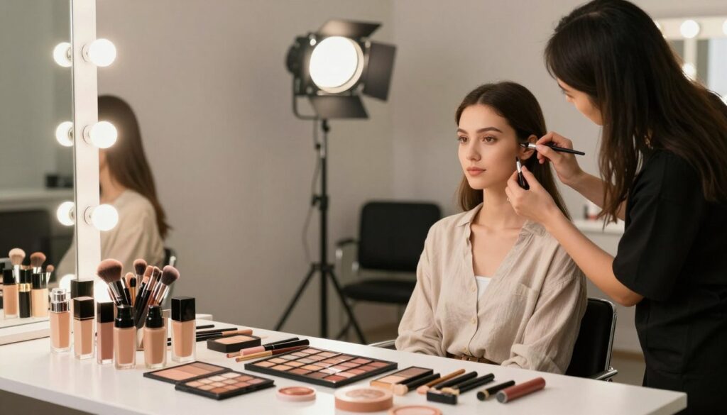 A makeup station set for a photo shoot, featuring a professional makeup artist applying makeup on a model in a stylish, professional environment. In the foreground, there's a well-organized table with various high-quality makeup products—foundations, eyeshadow palettes, brushes, and lipsticks. The middle features the model with a fresh and elegant makeup look, wearing modest casual clothing, seated in a well-lit chair with a large mirror reflecting the bright overhead lights. In the background, soft studio lights create a warm and inviting atmosphere, enhancing the mood of preparation and creativity. The angle captures both the model and the makeup artist engaged in the process, showcasing the importance of makeup and hair styling in preparing for a photoshoot.