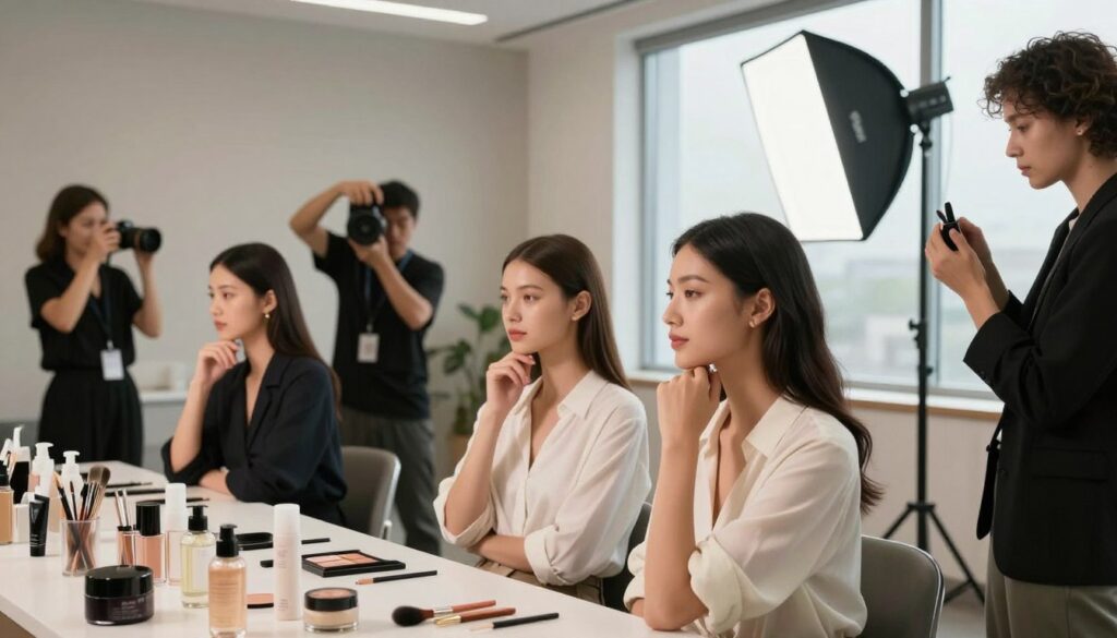A modern beauty photography session in a professional studio. In the foreground, a diverse group of three female models showcasing various beauty styles, wearing elegant business casual attire. They are posed thoughtfully near a vanity adorned with skincare products and makeup tools. The middle ground features professional photographers adjusting softbox lights, capturing the models' detailed expressions. The background consists of smooth, neutral-toned walls and large windows that let in natural light, enhancing the atmosphere. The overall mood is vibrant and creative, with a focus on artistry in beauty, conveying a dynamic yet serene environment. The lighting is soft and diffused, highlighting the models' features without harsh shadows.