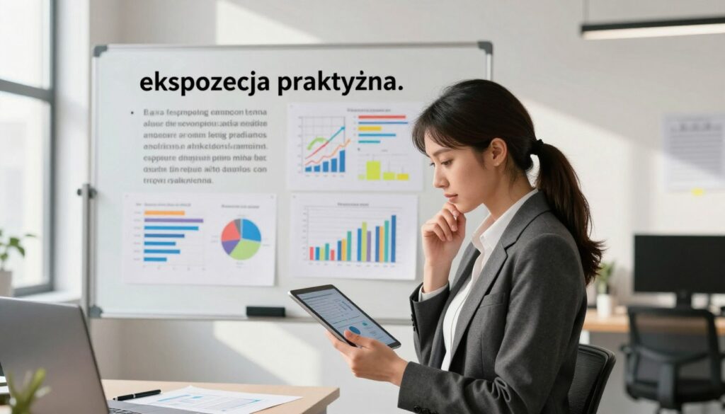 A modern office setting depicting the concept of "ekspozycja praktyczna." In the foreground, a professional woman in business attire is thoughtfully analyzing data on a digital tablet, surrounded by various charts and graphs representing exposure in different contexts. In the middle, a large whiteboard displays highlighted definitions and examples of exposure in practical applications, with colorful markers and diagrams. The background features a bright window allowing natural light to stream in, casting soft shadows across the room. The atmosphere is focused and engaging, with a calm yet industrious ambiance, reflecting an environment of learning and understanding. The lighting is bright, enhancing details without harsh contrasts, and the overall composition is well-balanced and inviting.