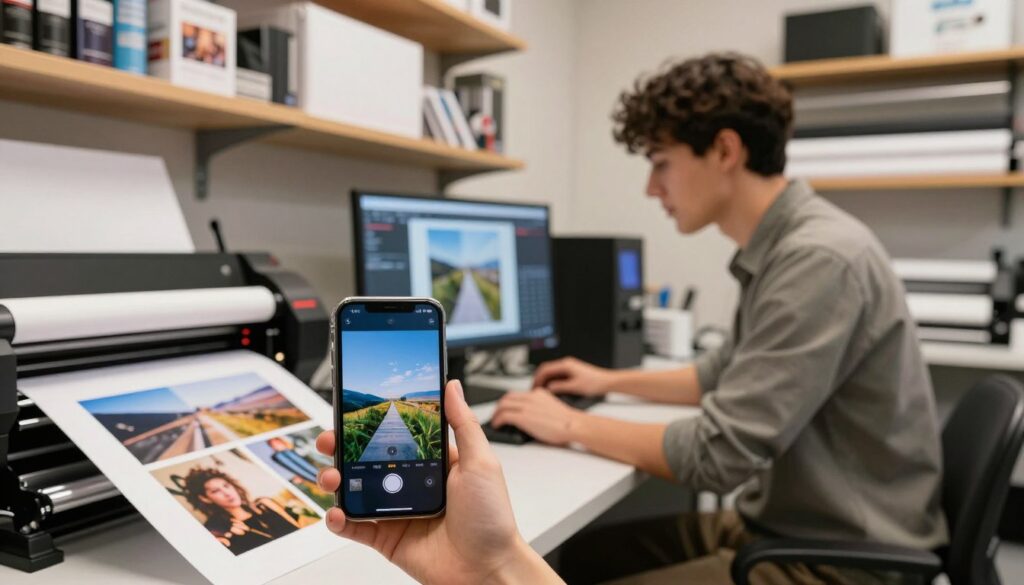 A modern photo lab with a professional photographer reviewing images from a smartphone. In the foreground, a smartphone displays vibrant photos, showcasing landscapes and portraits with high quality. In the middle, the photographer, dressed in a smart casual outfit, is focused on a computer screen, adjusting settings to optimize photo prints. The background features shelves stocked with various photo papers and printing equipment, illuminated by soft, warm lighting that creates a welcoming atmosphere. The mood is collaborative and creative, emphasizing the importance of quality in photo printing. The scene captures a seamless workflow from digital to print, highlighting the technical aspect of preparing phone images for high-resolution output.