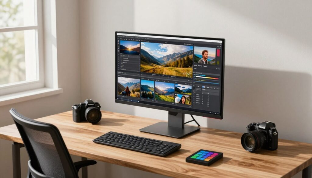 A modern workspace featuring a high-resolution monitor, displaying vibrant, edited photographs of landscapes and portraits. The monitor is centrally positioned on a sleek wooden desk with a stylish, ergonomic chair. Surrounding the desk are professional photography tools, including a camera and a color calibration tool. Soft, natural light streams in from a large window in the background, creating a warm and inviting atmosphere. The walls have a clean, minimalist design with neutral tones. The scene suggests an organized, inspiring environment ideal for photo editing, emphasizing the importance of quality display for photographers. The angle is slightly above eye level, capturing the monitor and workspace beautifully while ensuring the focus remains on the monitor's vivid display.