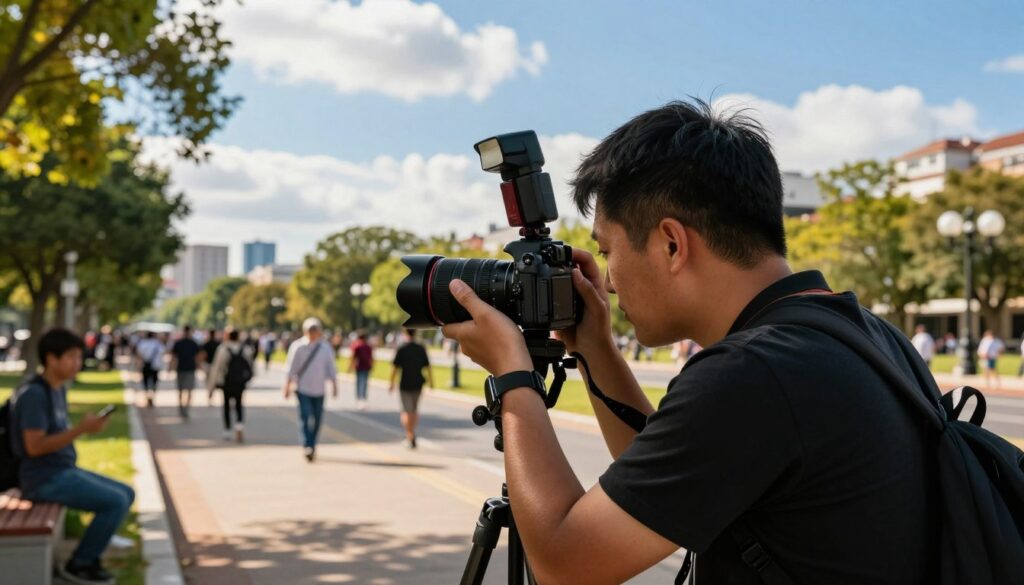 A photographer in a professional setting, focused on capturing a dynamic outdoor scene. In the foreground, the photographer is positioned with a sturdy camera, using a speedlight attached to a tripod. The middle ground showcases a vibrant landscape, perhaps a busy urban street or a naturally lit park, enhancing the action of photography. The bright, warm sunlight filters through scattered clouds, creating vivid shadows and highlights on the subjects. The background includes distant trees or city buildings under a clear blue sky, adding depth. The atmosphere is energetic and focused, reflecting the intense shooting series and outdoor conditions. The scene should capture the essence of working conditions for photographers, emphasizing temperature and external power supply management for flashes, all in a professional, safe, and inviting manner.