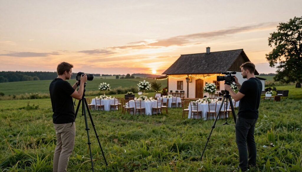 A picturesque Polish landscape during golden hour, showcasing a charming, traditional wedding venue surrounded by lush green fields. In the foreground, a professional photographer and videographer in smart casual attire are skillfully setting up their equipment, including a camera and tripod, capturing the scenic beauty. The middle ground features elegantly decorated tables with floral arrangements, ready for guests. In the background, a quaint rustic building with fairy lights glimmering beneath an enchanting sunset sky, creating a warm, inviting atmosphere. Soft, natural lighting illuminates the scene, enhancing the romantic vibe of a wedding celebration. The entire composition conveys a sense of flexibility and professionalism, illustrating the essence of capturing special moments across Poland.