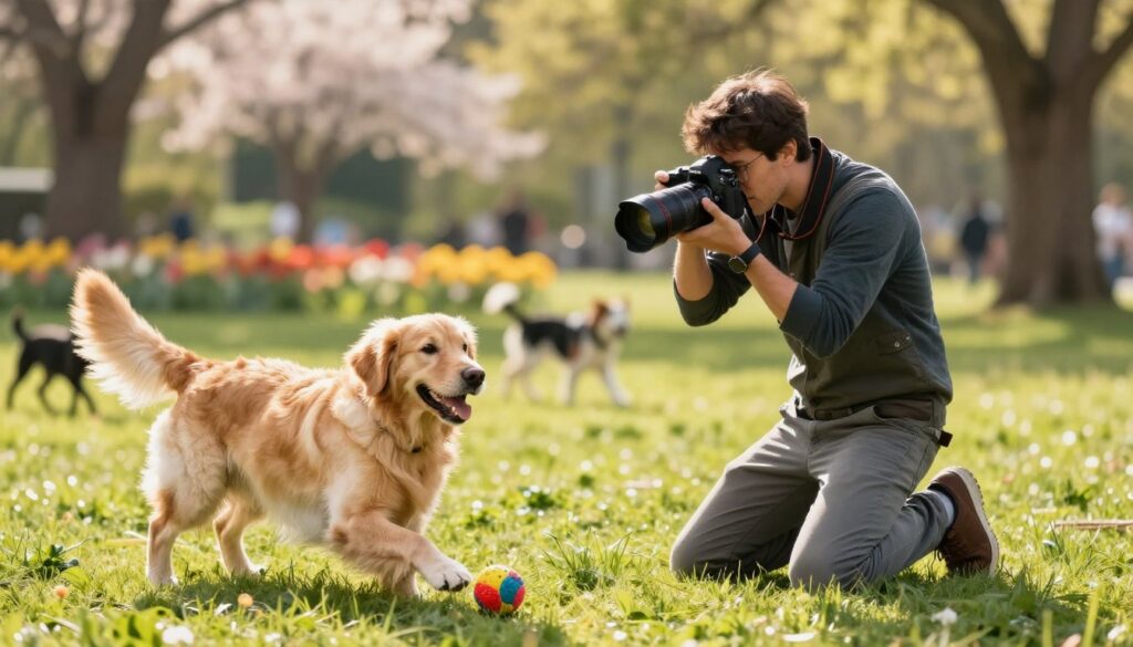 A professional dog photography session in action, featuring a skilled photographer kneeling on a grassy field, capturing a cheerful golden retriever during a vibrant outdoor shoot. In the foreground, the dog plays with a colorful ball, showcasing its energy and personality. The photographer, dressed in a casual yet professional outfit, adjusts the camera settings, utilizing a DSLR with a wide aperture lens to achieve a soft bokeh effect on the background. The midground shows a well-lit area with natural sunlight filtering through trees, creating a warm and inviting atmosphere. In the background, a soft-focus park setting with blooming flowers and other dogs playing adds depth to the scene. The mood is joyful, capturing the essence of a step-by-step professional session that celebrates the bond between pets and their photographers.