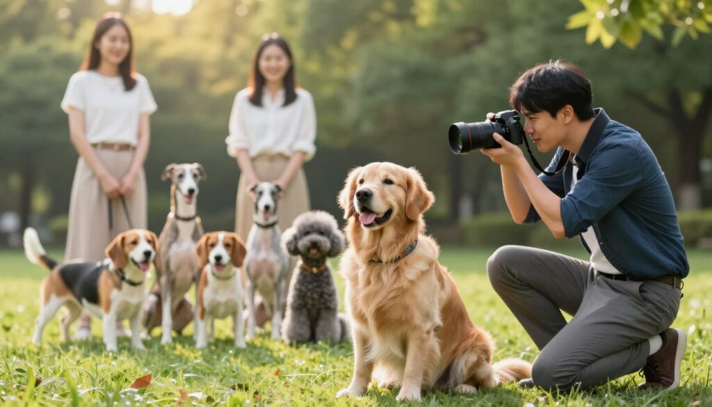 A professional dog photography session set in a natural park. In the foreground, a beautifully groomed Golden Retriever sits proudly, wearing a stylish collar. A photographer kneels nearby, dressed in smart casual attire and holding a camera with a zoom lens, capturing the dog’s personality. In the middle ground, several different types of dogs—an energetic Beagle, a graceful Greyhound, and a playful Poodle—are posed with their owners, who are dressed in light, comfortable clothing. The background is filled with lush greenery and soft sunlight filtering through the trees, creating a warm and inviting atmosphere. The scene is lively and joyful, showcasing the bond between dogs and their humans, with soft focus on the background to emphasize the subjects.