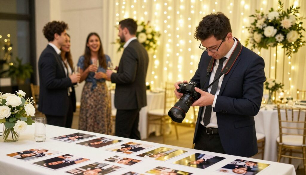 A professional event photographer capturing a vibrant post-event scene in a beautifully decorated venue. Foreground features a table with various printed photos displaying highlights from the event, arranged artfully. In the middle ground, a photographer in smart business attire is adjusting the settings of a DSLR camera, focusing on the impressive backdrop of fairy lights and elegant floral arrangements. Background shows a small group of guests engaged in conversation, laughing and holding drinks, all dressed in stylish but modest attire. Soft, warm lighting creates an inviting atmosphere, suggesting a sense of nostalgia and celebration. The angle captures both the photographer’s concentration and the lively ambiance of the event's aftermath.