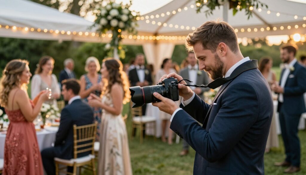 A professional event photographer in action at a vibrant outdoor wedding. In the foreground, a man wearing a tailored suit is focused on adjusting his camera settings, a high-end DSLR with a large lens, capturing the joyous moments of guests. In the middle, attendees are enjoying the celebration, elegantly dressed, smiling and mingling beneath a beautifully decorated marquee adorned with fairy lights. The background features lush greenery and soft, ambient lighting, enhancing the festive atmosphere. Warm golden hour sunlight casts a magical glow, creating a cheerful and lively mood. The composition captures the essence of event photography, highlighting the photographer at work amidst the engaging atmosphere of a significant occasion.