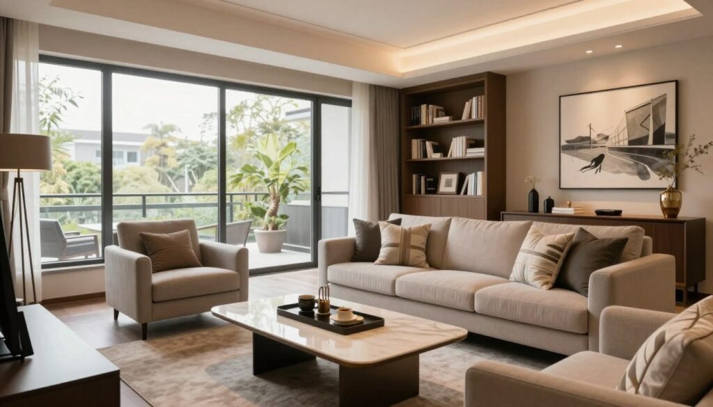 A professional interior photography scene showcasing a stylish apartment living area. In the foreground, a sleek coffee table complements a plush sofa adorned with decorative cushions. In the middle, large windows allow natural light to flood the space, emphasizing elegant decor and modern furnishings. The background features a well-organized bookshelf and a tasteful art piece on the wall, creating an inviting ambiance. The lighting is soft and warm, giving the space a cozy feel. The scene is captured from a slightly elevated angle, using a wide-angle lens to encompass the entire room. The mood is sophisticated yet welcoming, ideal for showcasing residential properties, hotels, and office spaces to potential clients. A professional interior photography scene showcasing a stylish apartment living area. In the foreground, a sleek coffee table complements a plush sofa adorned with decorative cushions. In the middle, large windows allow natural light to flood the space, emphasizing elegant decor and modern furnishings. The background features a well-organized bookshelf and a tasteful art piece on the wall, creating an inviting ambiance. The lighting is soft and warm, giving the space a cozy feel. The scene is captured from a slightly elevated angle, using a wide-angle lens to encompass the entire room. The mood is sophisticated yet welcoming, ideal for showcasing residential properties, hotels, and office spaces to potential clients.