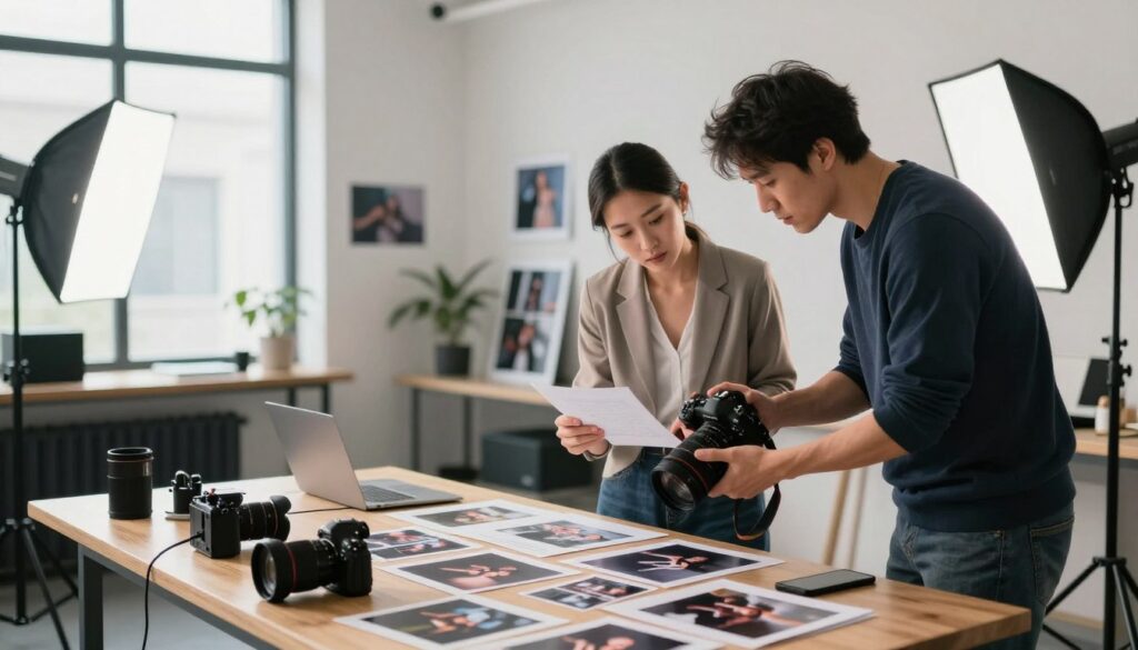 A professional photographer collaborating with a client in a modern studio setting, showcasing a creative brainstorming session. In the foreground, a stylish, neatly dressed woman is discussing project details with an attentive male photographer, who is reviewing a camera and photography samples. The middle ground features a large table covered with photographic equipment, mood boards, and lighting setups. The background is filled with soft lighting that enhances the creative atmosphere, with photography prints hanging on the walls and a large window allowing natural light to filter in. The scene conveys a sense of collaboration and focus, emphasizing the partnership between the photographer and the client, captured with a sharp lens at eye level to draw viewers into the discussion. A professional photographer collaborating with a client in a modern studio setting, showcasing a creative brainstorming session. In the foreground, a stylish, neatly dressed woman is discussing project details with an attentive male photographer, who is reviewing a camera and photography samples. The middle ground features a large table covered with photographic equipment, mood boards, and lighting setups. The background is filled with soft lighting that enhances the creative atmosphere, with photography prints hanging on the walls and a large window allowing natural light to filter in. The scene conveys a sense of collaboration and focus, emphasizing the partnership between the photographer and the client, captured with a sharp lens at eye level to draw viewers into the discussion.