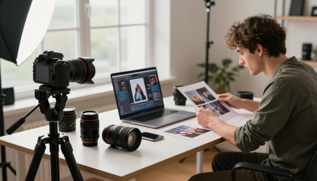 A professional photographer's workspace, depicting a well-organized studio filled with essential equipment. In the foreground, a sleek camera sits on a tripod, with various lenses scattered around, showcasing the technical aspects of photography. The middle layer features a laptop displaying editing software and printed photo samples, emphasizing the post-production work involved. The background showcases soft, diffused lighting from a large window illuminating the space, creating a warm and inviting atmosphere. The photographer, dressed in smart casual attire, is inspecting photos at a table, reflecting the meticulous nature of their craft. The overall mood is focused and industrious, capturing the essence of a photographer's hourly rate factors beyond just taking pictures. Elements like a light stand and backdrop can be subtly included to enhance the setting.