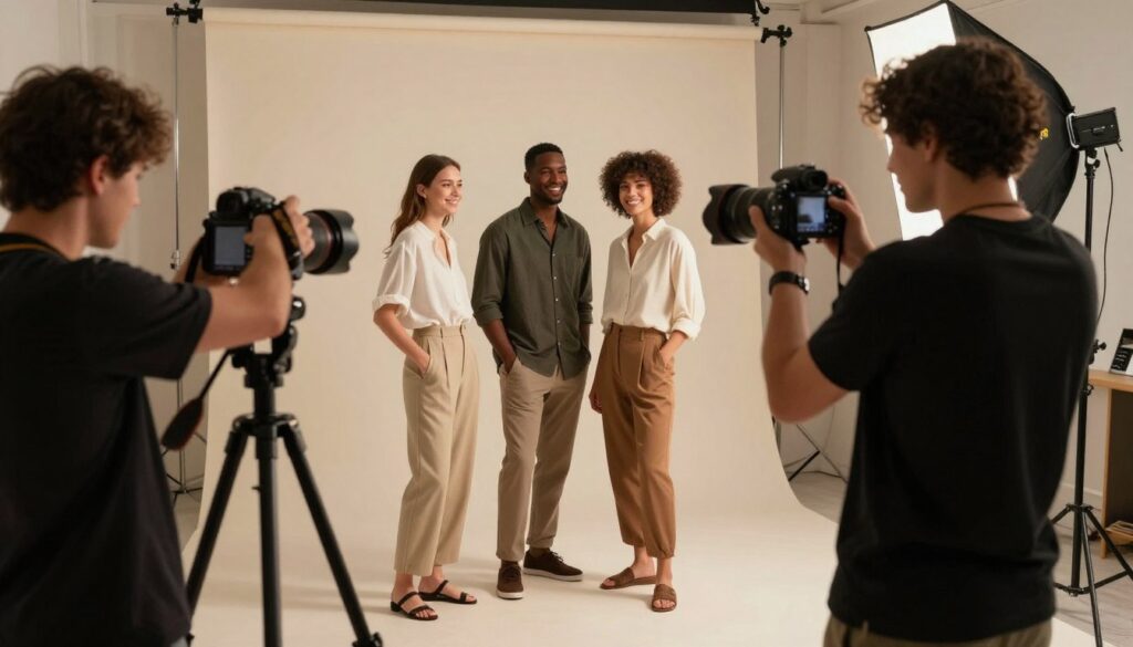 A professional photography session setting, showcasing a diverse group of individuals in modest, professional attire. In the foreground, a photographer adjusts a camera on a tripod, focusing intently on their subjects. The middle of the scene features two models posing naturally, smiling and interacting, embodying confidence and comfort in front of the lens. Soft lighting illuminates the space, creating a warm and inviting atmosphere, complemented by subtle shadows for depth. The background displays a minimalist studio setup with soft backdrops and lighting equipment, enhancing the focus on the subjects. The overall mood conveys professionalism and creativity, highlighting the step-by-step process of a photo shoot while maintaining a Safe For Work theme.
