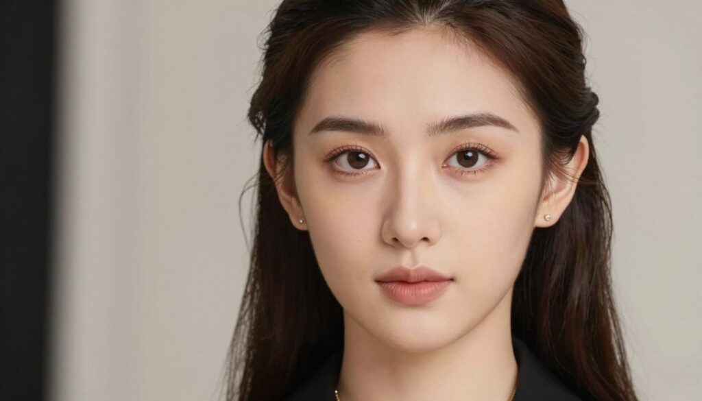 A professional portrait focusing on a woman's face for passport photography guidelines. The foreground shows her neatly styled hair, showcasing different hairstyles like a slick bun and soft waves, ensuring ears are visible. The middle ground emphasizes natural makeup, enhancing her features without being overly dramatic, with subtle touches like neutral tones on her eyelids and a soft lip color. The model wears elegant, minimal jewelry, such as stud earrings and a delicate necklace, adding a touch of sophistication. The background is softly blurred with a neutral tone to avoid distractions, creating a clean and professional look. Soft, diffused lighting highlights the face, simulating the ideal conditions for a passport photo, capturing a serious yet approachable expression.