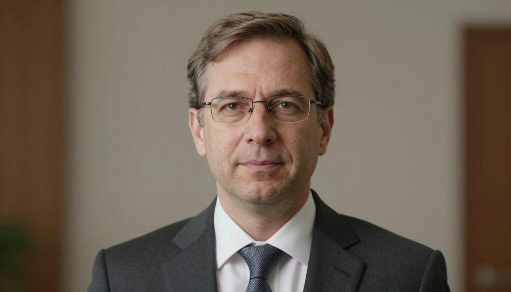 A professional portrait of a person’s face, centered in the frame. The individual, a middle-aged man with light brown hair and glasses, is wearing a formal business suit with a crisp white shirt and a conservative tie. The background is a neutral color, slightly blurred to emphasize the subject. Soft, even lighting highlights the features, casting no harsh shadows and creating a flattering look. The angle is directly in front, capturing a straight-on view that conveys confidence and professionalism. The overall mood is serious yet approachable, suitable for an official identification photo. The composition is clean, focused entirely on the subject's face without any distractions.