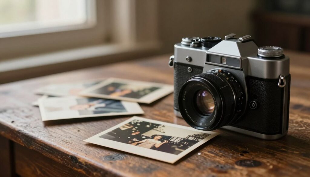 A retro photography scene featuring an immediate print camera in the foreground, displaying a freshly developed photo with a vintage aesthetic. The camera should be prominently shown with intricate details like a textured finish, manual controls, and a classic lens. In the middle, a cozy setting with scattered prints of nostalgic photographs, evoking warmth and sentimentality. The background should include soft, diffused lighting emanating from a nearby window, casting gentle shadows and highlighting the textures of an old wooden table. The atmosphere is intimate and reflective, capturing the charm of retro photography while setting a mood that invites contemplation. No text or watermarks are present in the image.