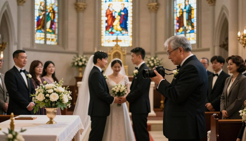 A serene church interior during a wedding ceremony, showcasing a photographer capturing the moment. In the foreground, a seasoned photographer in professional attire, holding a camera, focused on the bride and groom exchanging vows. In the middle ground, the elegantly dressed couple stands at the altar, surrounded by family and friends, with soft expressions of joy and anticipation. Delicate floral arrangements on the altar add a touch of romance. The background features stained-glass windows filtering warm, colorful light into the space, enhancing the sacred atmosphere. The lighting is soft, creating a gentle halo effect around the couple, while a shallow depth of field keeps attention on the subjects. The mood is heartfelt and intimate, capturing the significance of the moment.