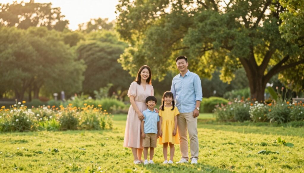 A serene family photography session in a picturesque park during golden hour. In the foreground, a happy family of four—parents and two children—are posing together, all dressed in modest, coordinated outfits. The mother wears a soft pastel dress, while the father is in a light blue shirt and beige trousers. The children, a boy and a girl, are in bright, playful clothing. The middle ground features a beautifully manicured lawn with wildflowers scattered around. The background includes tall trees with warm sunlight filtering through their leaves, casting a gentle glow. The mood is joyful and relaxed, encapsulating the essence of a family bond. The overall composition should reflect a professional photography setup, with a soft focus on the family and sharp details on the natural surroundings, evoking feelings of warmth and togetherness.