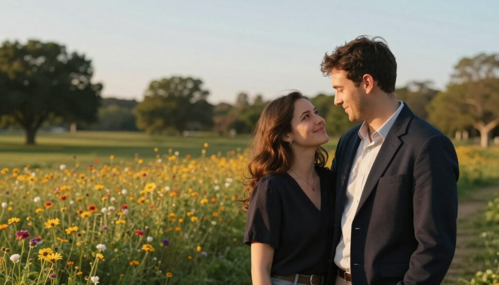 A serene outdoor photography session focused on a couple in a natural setting, showcasing their love and connection. In the foreground, the couple is posing affectionately, dressed in smart casual attire, with soft smiles and engaging eye contact. The middle ground features a vibrant landscape, perhaps a field of wildflowers or a picturesque park, indicating a seasonal atmosphere. The background includes gently blurred trees and a clear sky, enhancing the sense of tranquility. The lighting is warm and golden, reminiscent of the golden hour, creating a romantic ambiance. The angle is slightly elevated, capturing the couple and their surroundings harmoniously, conveying the essence of a memorable moment that reflects the investment in time and photographs during a photoshoot.