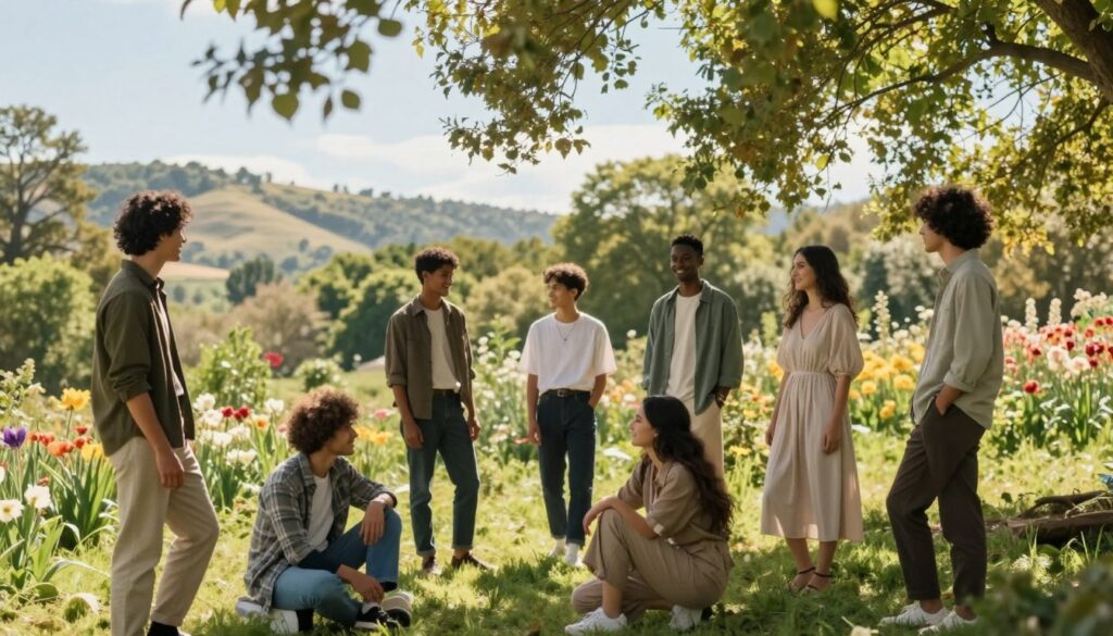A serene outdoor photography session in a picturesque natural setting, showcasing a group of diverse models dressed in stylish, modest casual clothing, engaging in various poses. In the foreground, the models interact playfully, capturing candid moments. The middle ground features lush greenery and blooming flowers, framing the scene beautifully. The background reveals soft hills and a clear blue sky, enhanced by gentle, natural sunlight filtering through the leaves, creating a warm and inviting atmosphere. The composition should emphasize depth with a slight bokeh effect, highlighting the models while maintaining focus on the surrounding nature. The overall mood is joyful and relaxed, embodying the essence of a perfect outdoor photo session.