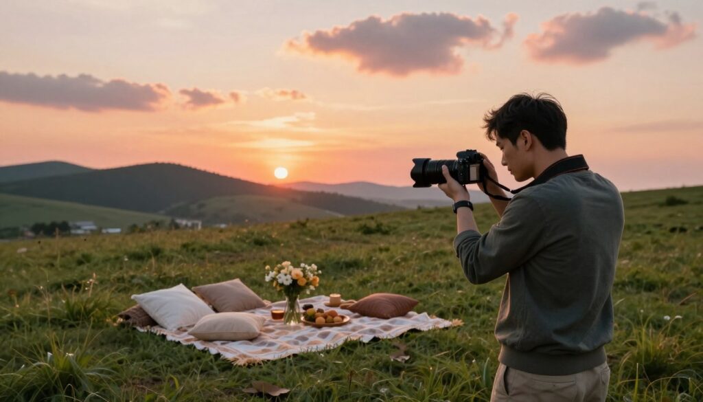 A serene outdoor photography setting, featuring a tranquil meadow at golden hour. In the foreground, a professional photographer with a camera, dressed in smart casual attire, is adjusting their lens to capture the scene. The middle ground showcases a beautifully arranged picnic setup with a vintage blanket, artfully placed flowers, and soft pillows, creating a cozy atmosphere. In the background, gentle hills and a vibrant sunset cast warm hues of orange and pink across the sky, while fluffy clouds add depth. The scene conveys a peaceful and inspiring mood, ideal for a creative outdoor photoshoot, with soft, diffused lighting that enhances the colors and textures. The composition is well-balanced, directing focus towards the setup for a perfect shoot.