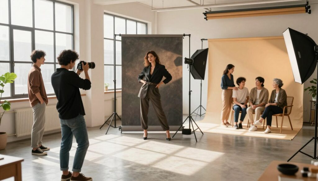 A serene photography studio scene showcasing a variety of photography sessions in progress. In the foreground, a professional photographer captures a couple dressed in smart casual attire, surrounded by soft natural light streaming through large windows. In the middle, a fashion model poses dramatically against a stylish backdrop, illuminated with dynamic studio lighting that highlights textures. In the background, a portrait session occurs, where a family smiles in warm, inviting light. The atmosphere is vibrant yet relaxing, showcasing the range of photo sessions—from casual to formal—within the creative space. Use a wide-angle lens to capture the depth of the studio, emphasizing the diversity of session styles and their ambiance, without any text or distractions.