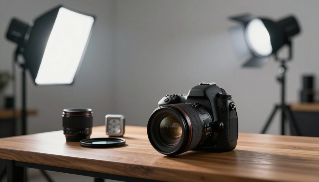 A serene photography studio setting, showcasing a soft, ethereal light illuminating a variety of camera equipment. In the foreground, a high-quality DSLR camera stands prominently on a polished wooden table. The camera’s lens gleams with intricate details, reflecting the gentle light. In the middle ground, a set of angled light sources casts delicate shadows, highlighting the features of the camera alongside props like a lens filter and a small light meter. The background features blurred silhouettes of tripods and backdrops, creating a depth of field effect. The overall atmosphere is calm and professional, evoking an understanding of light’s crucial role in photography. The scene is beautifully lit, emphasizing the interplay of light and shadow, perfect for illustrating the concept of ISO and exposure triangle in photography.