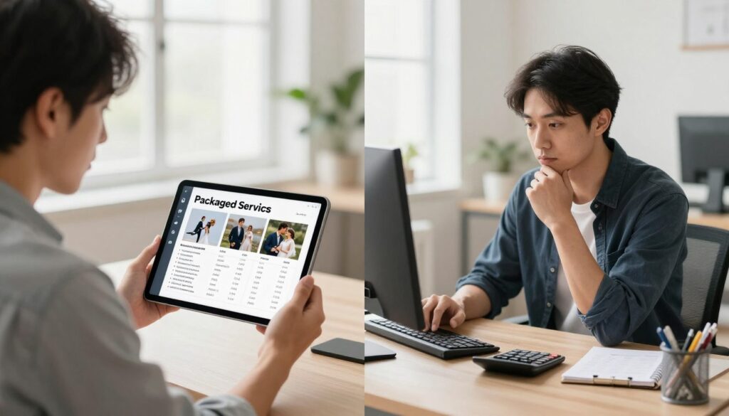 A side-by-side comparison of two scenarios illustrating the concept of photography pricing: on the left, a photographer in a smart casual outfit, presenting a packaged service deal, showcasing images of different photography projects on a digital tablet; on the right, the same photographer at a desk with a computer, calculating hourly rates with a notepad and calculator, looking thoughtfully engaged. The background shows a clean, modern office space with natural lighting pouring in through a window, creating a bright and professional atmosphere. The scene emphasizes the decision-making process, highlighting the value of both packaged services and hourly billing. Use a soft focus lens to add depth, with a warm color palette that enhances the professionalism and clarity of the image.