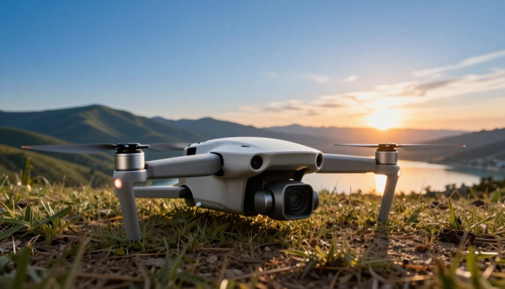 A sleek, high-quality drone from the "Fly More Combo" set, prominently featured in the foreground, showcasing its compact design and advanced camera system. The drone is set against a picturesque landscape with rolling hills and a clear blue sky, emphasizing its capability for aerial photography. Soft, natural lighting highlights the drone's features while casting gentle shadows on the ground. In the middle ground, a vibrant sunset reflects off a tranquil lake, illustrating the perfect conditions for capturing stunning images. The background includes distant mountains, adding depth to the scene. The overall atmosphere is serene and inspiring, conveying the excitement of aerial photography with a professional touch.
