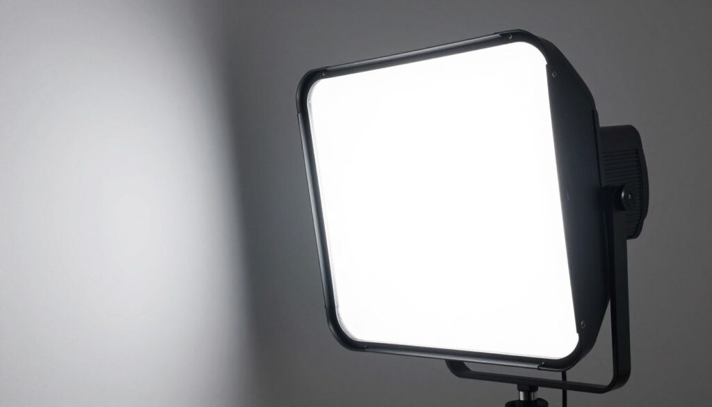 A sophisticated LED lamp designed for photography, showcasing a large surface area for even light distribution. The lamp sits prominently in the foreground, featuring a sleek, modern design with a matte finish and a cool color temperature. In the middle ground, soft shadows illustrate how the light spreads out, creating a gentle gradient on the backdrop, which is a plain white wall. The scene is illuminated with a soft, diffused light that highlights the lamp’s features without harsh reflections. The background is simple and minimalistic to keep focus on the lamp’s surface area. The overall mood is professional and clean, emphasizing clarity and purpose, ideal for a photography setting. The angle captures the lamp at eye level for a direct and informative perspective.